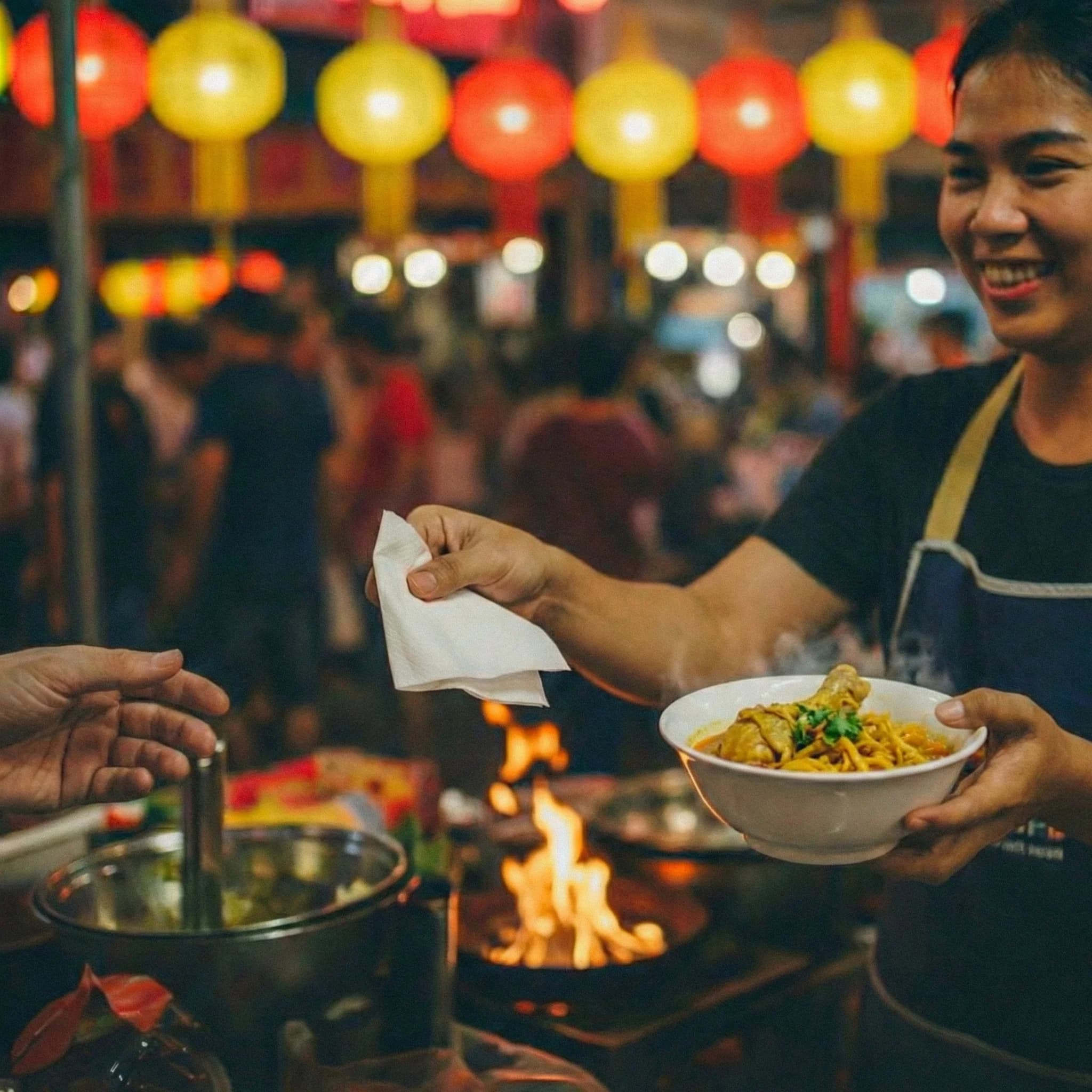 Bangkok street food ordering scene with phrases